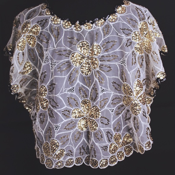 sheer gold sequin top with gold sequin floral design - Picture 3 of 3
